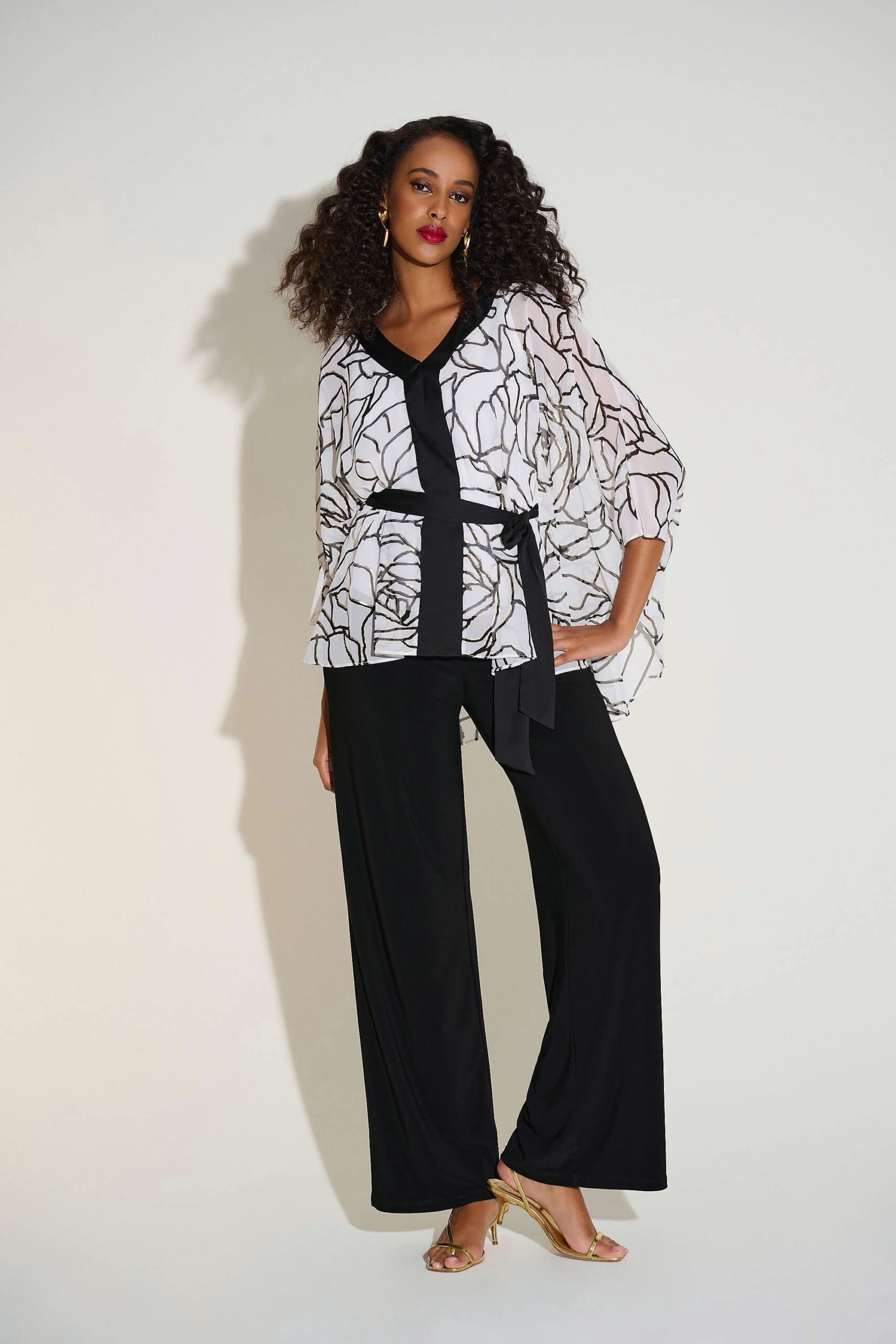 Joseph Ribkoff Chiffon & Satin Foiled Floral Print Poncho Top